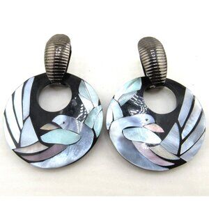 Vintage Acrylic Resin Bird Natural Abalone Shell Inla Eyarrings Asian Japanese